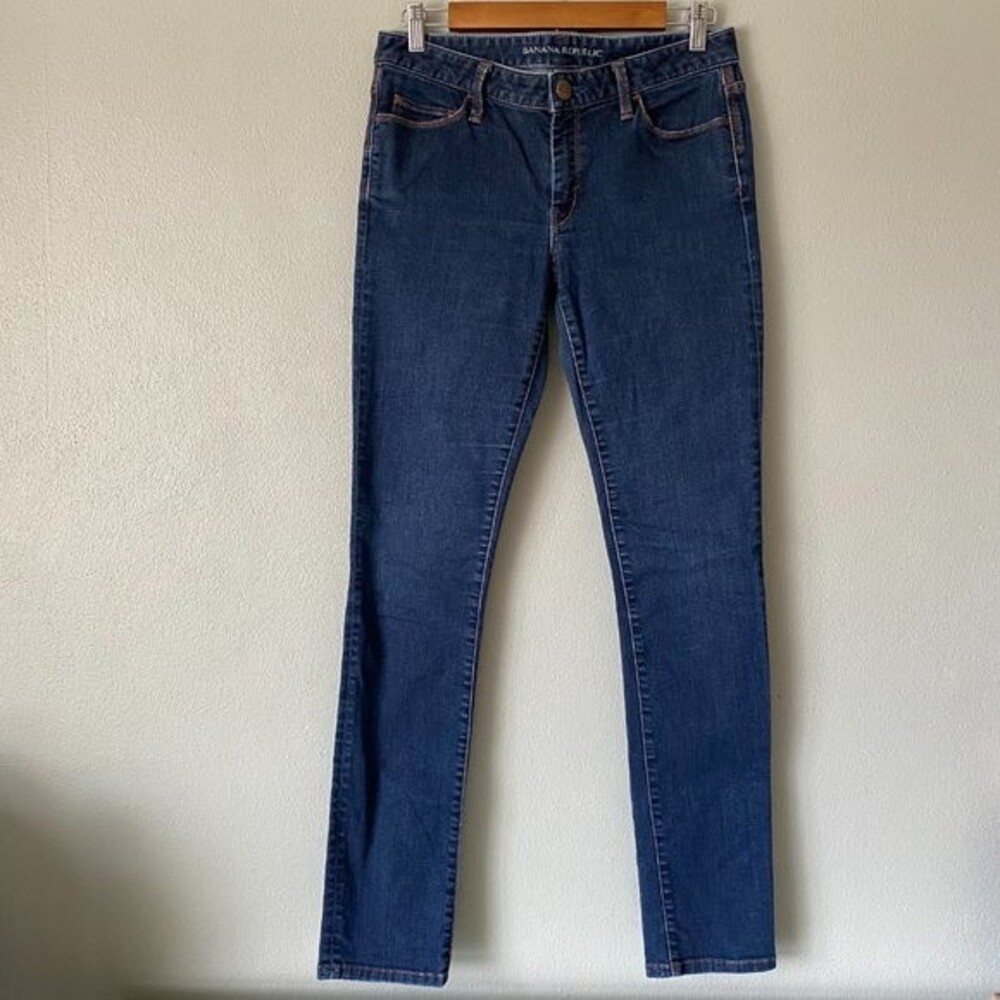 Banana Republic Skinny Fit Mid Rise Dark Wash Orange Stitch Jeans - Women's 28